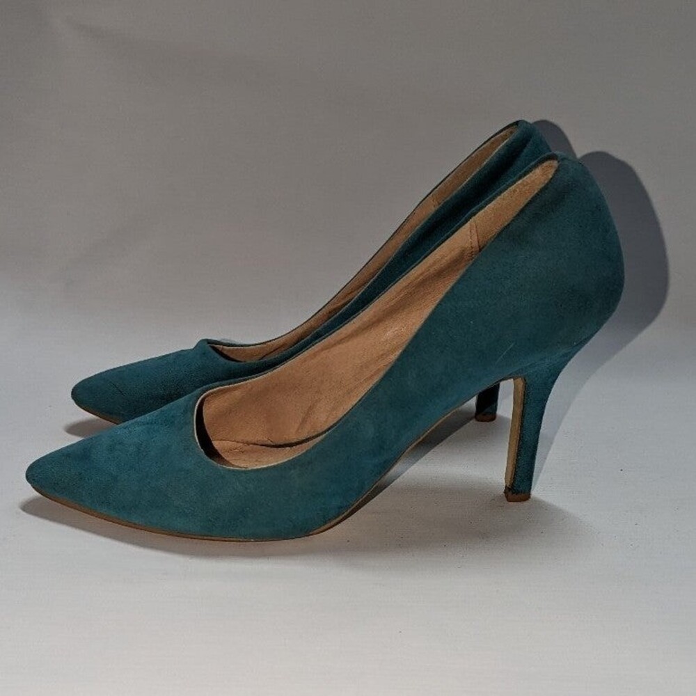Dark Academia Teal Pointed Toe Stiletto Heels Faux Suede Pumps Bonnibel Size 6.5